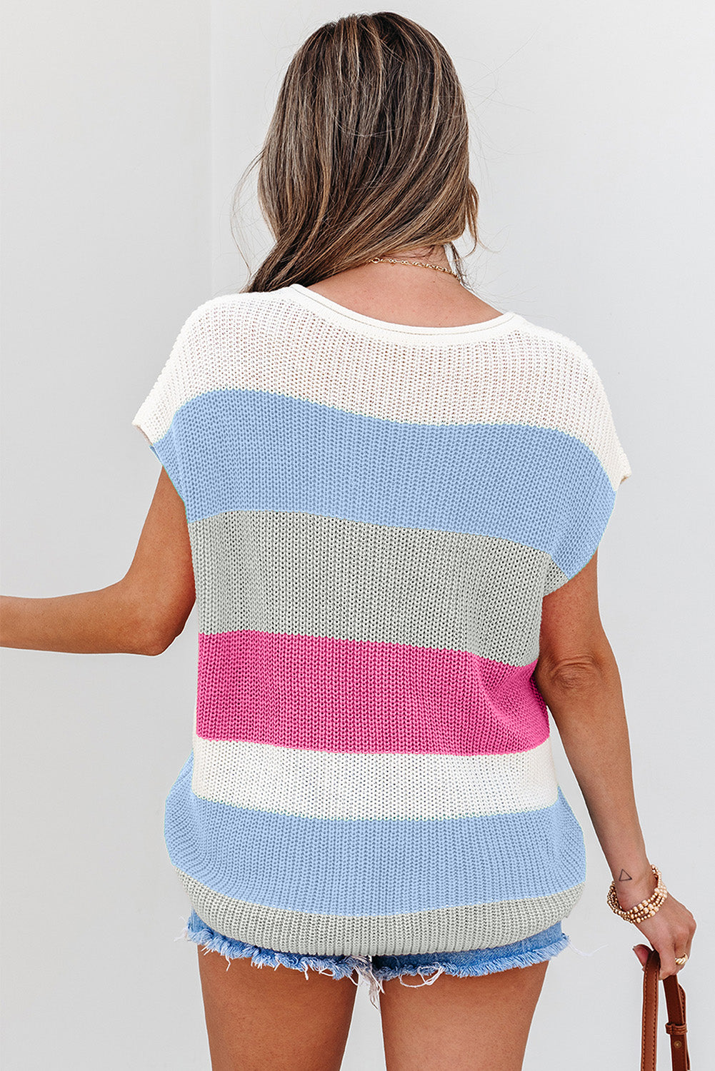 Light Blue Color Block Notch V Neck Sweater T Shirt for Women - Love Salve